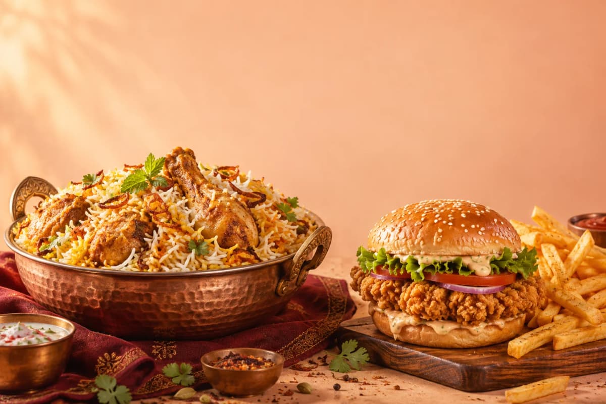 A biryani and burger feast